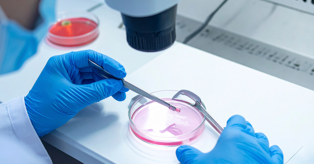 A scientist with gloves observing a pink substance in a dish