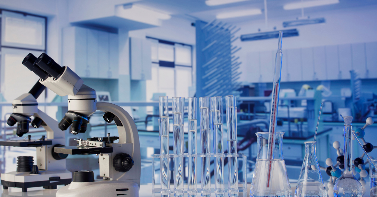 A wide shot of scientific equipment in a lab during daytime