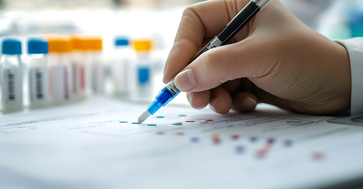 A scientist dropping samples onto a test sheet