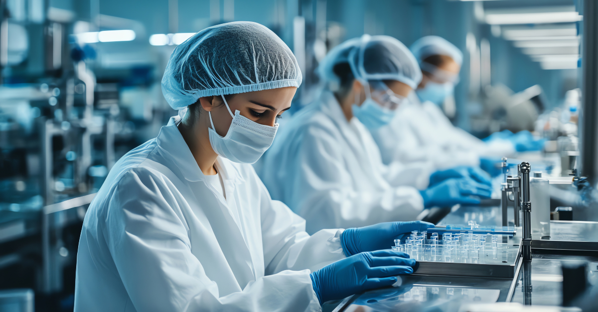 Scientists sitting in a row in a lab examining test tubes