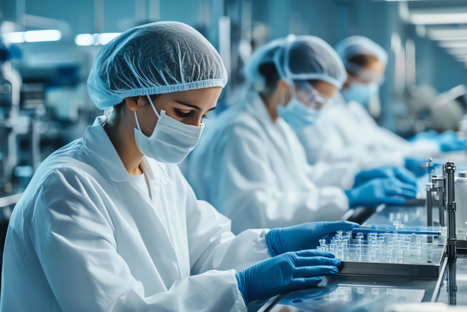 Scientists sitting in a row in a lab examining test tubes