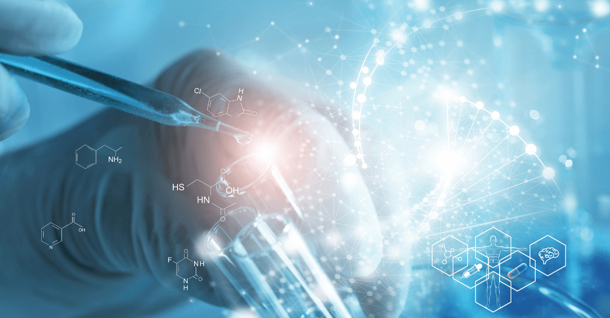 A graphic of a scientist wearing gloves and holding a test tube