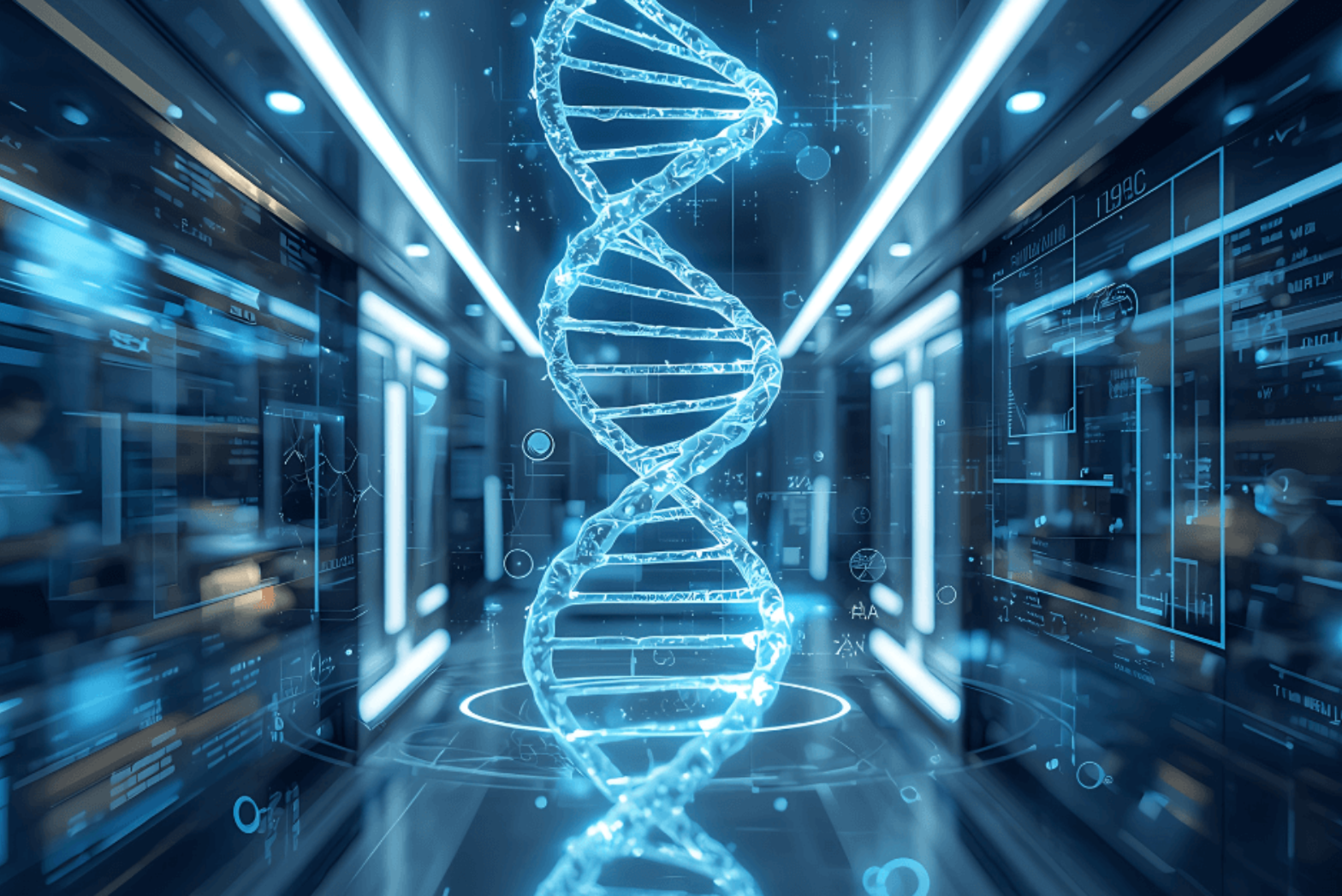 A DNA helix graphic with screens surrounding it